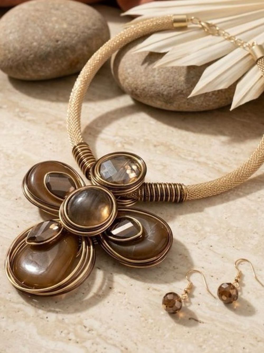 Resin Flower Pendant Handmade Brown Necklace with Matching Earrings